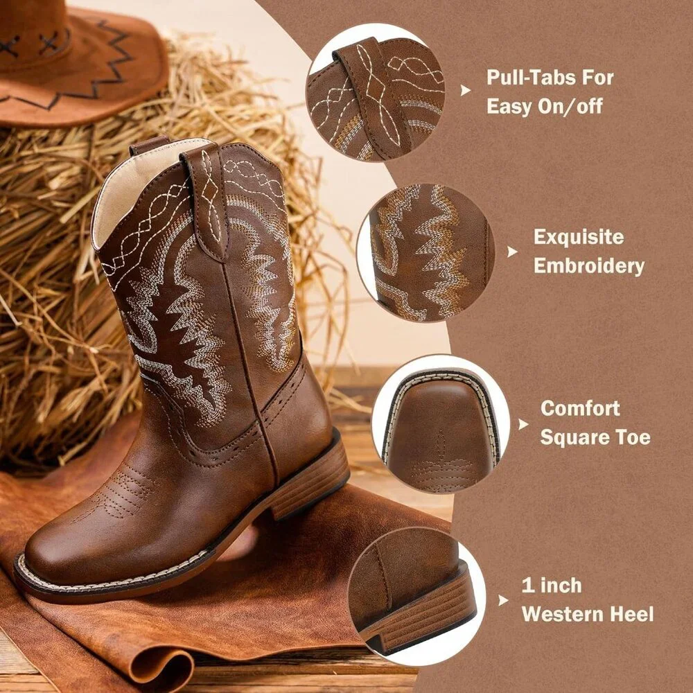 ⚡Kids Brown Synthetic Cowboy Western Riding Shoes Square Toe Wide Calf Boots